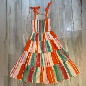 Joy Joy Colorful Striped Smocked Tiered Flowy Midi Dress with Straps, small